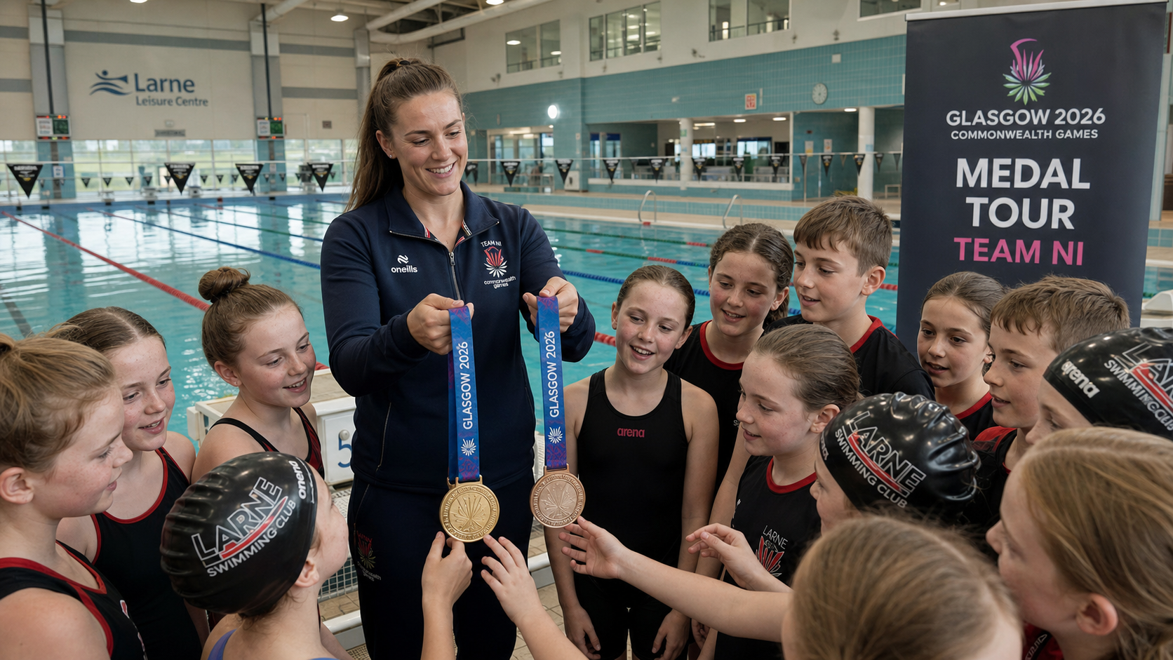 Team NI Swimmer Danielle Hill Brings Commonwealth Games Medals Home to Larne in Inspiring Club Visit