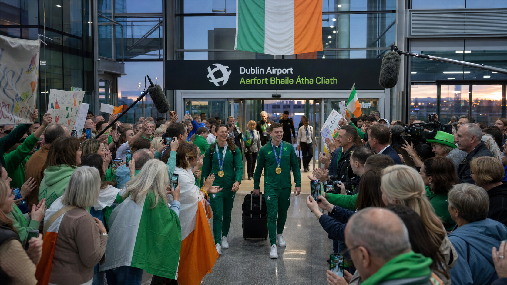 Ireland's European Athletics Champions Kate O'Connor and Mark English Arrive Home to Heroes' Welcome