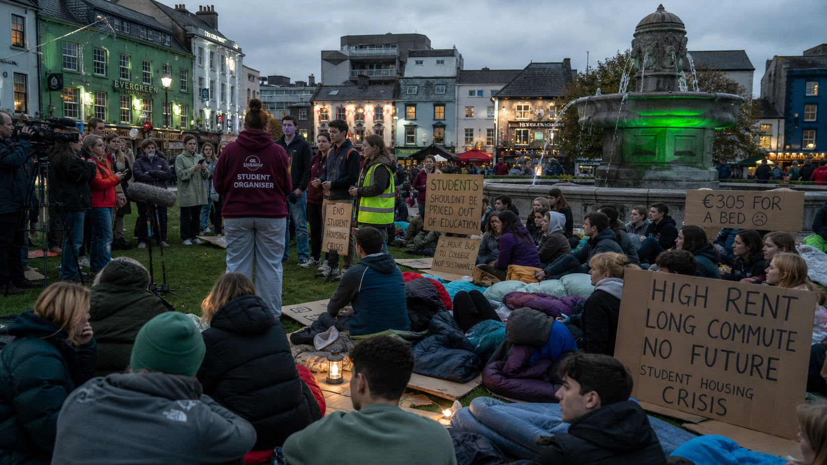 University of Galway Students Sleep Out at Eyre Square to Highlight Accommodation Crisis as Rents Hit €295 Per Week